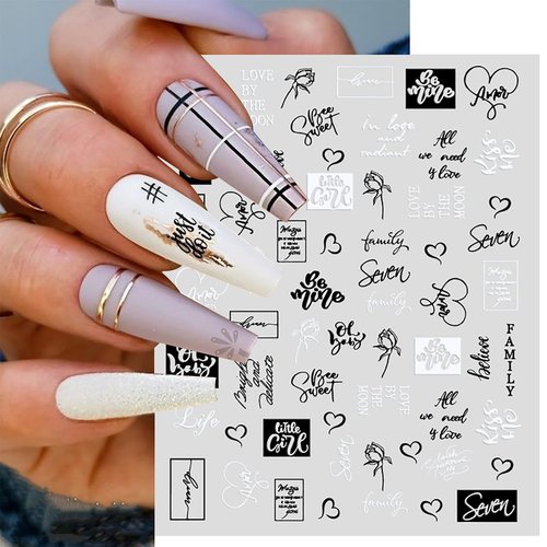 XEAOHESY 6 Sheets Black White Words Nail Stickers Self Adhesive English Words Abstract Human Face Love Heart Nail Art Stickers Decals for Women Nail Art