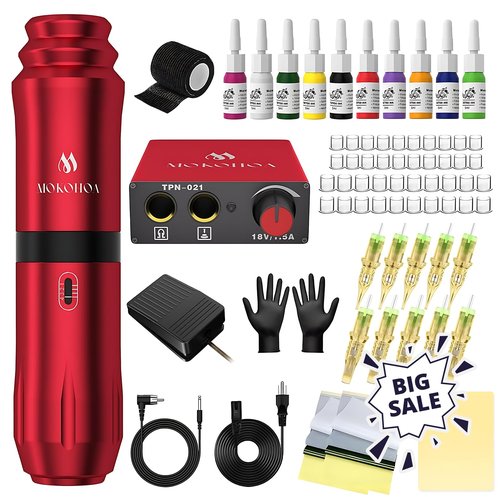 Tattoo Gun Kit Complete Tattoo Kit, Tattoo Machine Kit for Beginners, Rotary Tattoo Pen Kit,10 Pro Tattoo Cartridge Needles,10 Ink Color Set for Tattoo Supplies (Red)