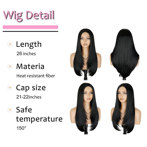 Kmzbasg Black Lace Front Wig for Women Pre-Plucked Pre Cut Glueless Long Straight Layered Synthetic Ready to Wear Wig 4x6 HD Lace for Girls Party Cosplay and Daily Use 26 Inch