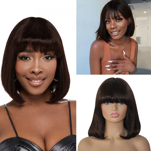 Savasana Bob Wigs for Black Women Human Hair Straight Brown Bang Wigs Glueless 10 Inch