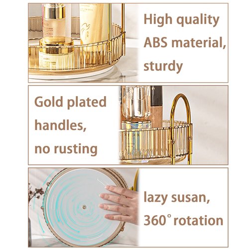 shuang qing Rotating Makeup Organizer for Vanity, High-Capacity Skincare Clear Make Up Storage Perfume Organizers Cosmetic Dresser Organizer Countertop 360 Spinning (Gold, 3 Tier)