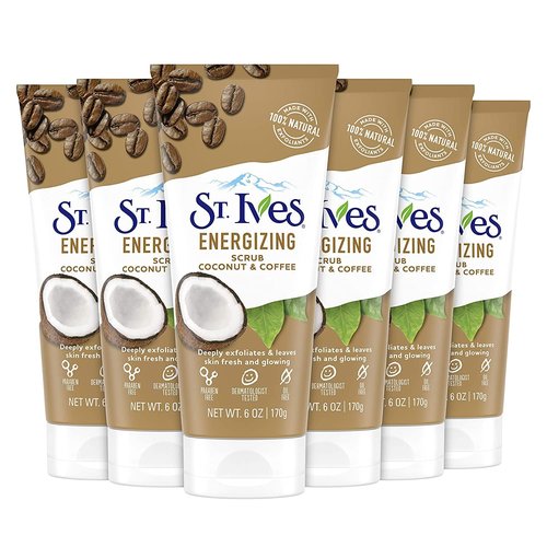 St. Ives Rise and Energize Face Scrub Deep Exfoliating Scrub Coconut and Coffee Dermatologist-Tested, 100% Natural Exfoliants Face Wash 6 oz 6 Count