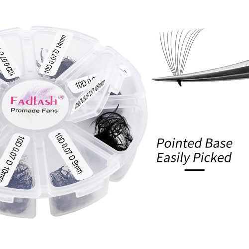 FADLASH 1000 Fans 10D Premade Volume Eyelash Extensions Mixed Tray Premade Fans Eyelash Extensions D Curl Premade Lash Fans Pointed Handmade Promade Loose Fans Thin Base (10D-0.07D,9-16mm)
