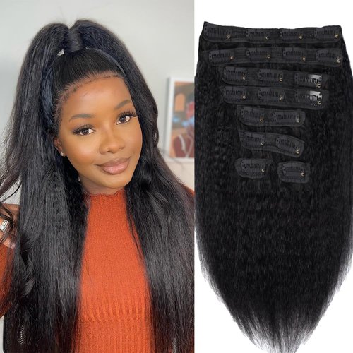 Kinky Straight Clip in Hair Extensions Real Human Hair 110g 8pcs Yaki Straight Clip Ins Hair Extensions For Women Natural Black Full Head Brazilian Remy Hair Double Weft 20 Clips