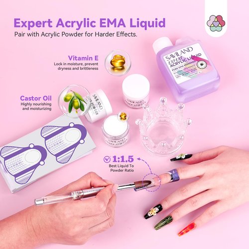 SAVILAND Acrylic Nail Kit: Professional Nails Kit Set Clear White Pink Acrylic Powder and Liquid Set with U V Nail Lamp Nail Remover for DIY Home Use