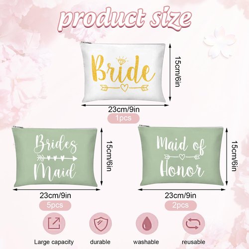 Whaline 8Pcs Bridesmaids Makeup Bags Wedding Bridal Cosmetic Canvas Organizer Bag Sage Green Maid of Honor Zipper Cosmetic Pouch for Women Wedding Bridal Shower Party Favor Supplies