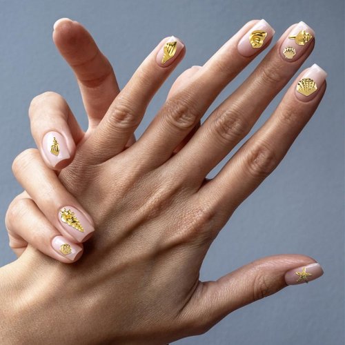 BEIQIYA 2 Disc 3D Metal Nail Charms, Starfish Seashell Manicure Art Decals, 12 Styles Nail Decor DIY Embellishments for Scrapbook Bookmarks Invitation- Gold