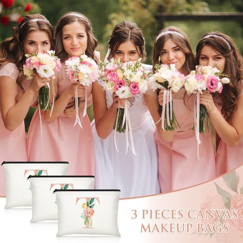3 Pieces Floral Initial Makeup Bag Wedding Bridal Makeup Bag Cosmetic Canvas Bag Monogrammed Gifts for Women Teacher Birthday Mother's Day Wedding Bridal Shower, 9 x 6 Inches (T Style)