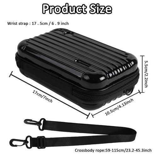 ASUNFO Black Hard Shell Cosmetics Case Carrying Hard Bag for Toiletry Storage Cross Body Bag with Shoulder Strap for Detachable Grip Rope and Shoulder Strap for Travel