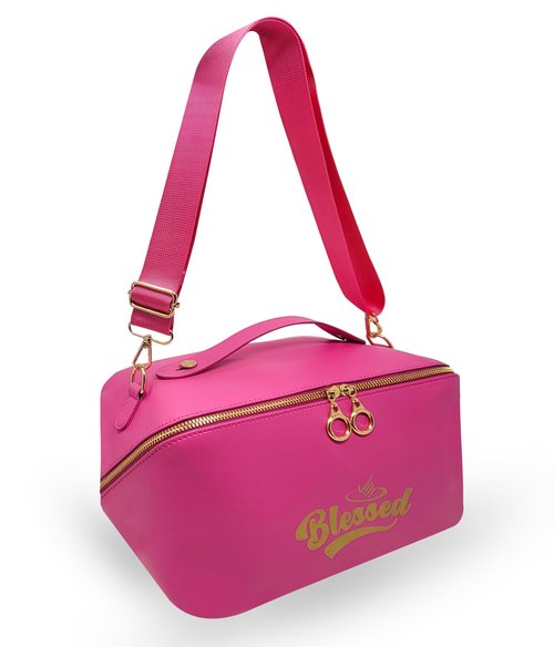 BLESSED Travel Makeup Bag for Women - Large Capacity Cosmetic Organizer, Waterproof Portable Leather Toiletry Pouch with Divider and Handle - Ideal Make up Bag, Toiletry Organizer(Pink)