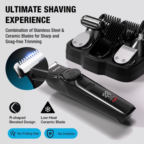 SUPRENT Beard Trimmers for Men - All-in-One Mens Grooming Kits with 40 Precision Dials，Waterproof Adjustable Trimmers for Hair, Beard, Face, Nose & Body, USB-C Rechargeable, 3.5H Running Time (Black)