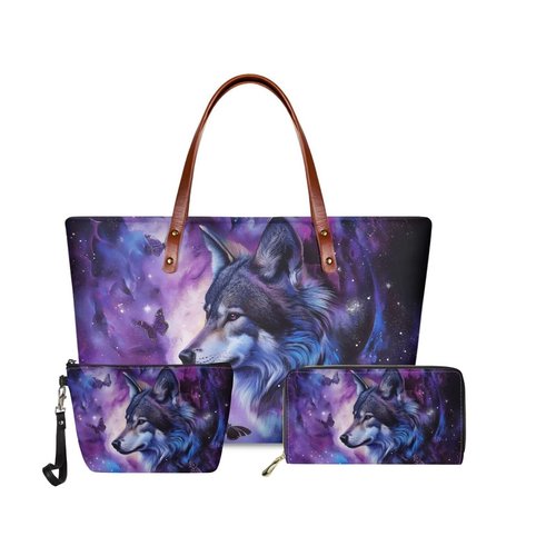 GIFTPUZZ Wolf Women Handbag Set 3 Packs Includes Large Capacity Top-Handle Bag PU Leather Toiletry Makeup Pouch Long Wallets Waterproof Blue Purple
