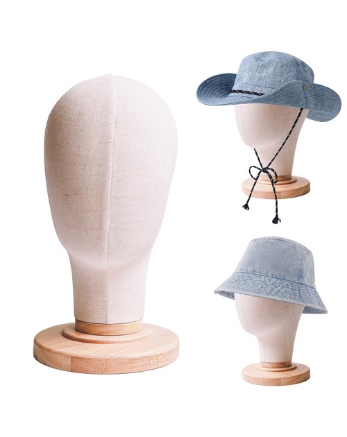 CHADWICK Wig Head Stand 21 Inch Mannequin Head Hat Display Stand Linen Wig Holder, Wig Display Model Fabric Head Wig Stand for Wigs, Hats, Caps, Headdress, Canvas Dome + Detachable Wood Stand