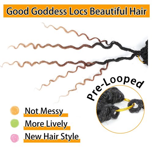 24 Inch Ombre Goddess Locs Crochet Hair 8 Packs Faux Locs Crochet Hair for Women 3 Tone River Locs Hair with Curly Ends Synthetic Style (#1B/30/27)