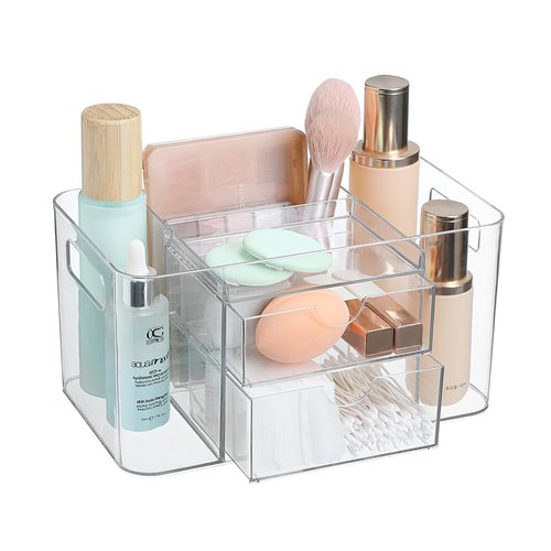 Imakmasion Acrylic Makeup Organizer for Countertop – 2 Drawers & 3 Compartments, Clear Storage Bin. Multi-use for Skincare, Cosmetics, Jewelry & Small Accessories, fits Vanity, Bathroom, Office, Craft