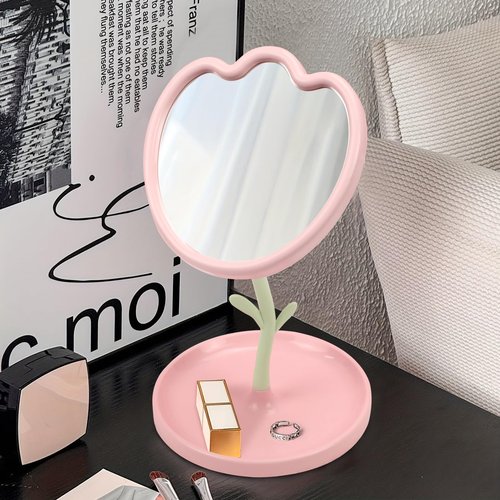LIYAZHIL Flower Shaped Desk Mirror with Tray Adjustable Angle Tabletop Vanity Makeup Mirror for Home Decoration