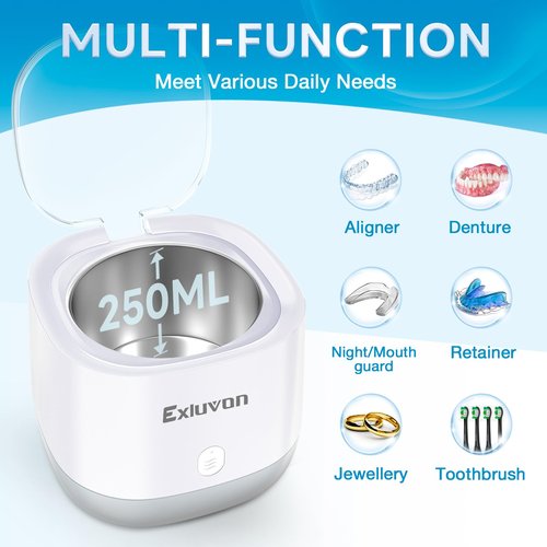 Exluvon Ultrasonic Retainer Cleaner 45kHz, 250ML Portable Ultrasonic Cleaner, Professional Retainer Cleaner Machine for Dentures, Mouth Guard, Aligner and Jewelry