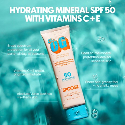 SPOOGE The OG Mineral All-Screen SPF 50 Face + Body, Dermatologist Developed, Broad Spectrum, Sheer Sunscreen - Non-Greasy No Chalky Mess & Reef Safe, All-Weather Care with Aloe + Vitamins C+E - 5 Oz