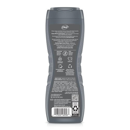 Dial Men 3 in 1 Body, Hair and Face Wash, Soothe, 16 Fl Oz, Pack of 4, Infinite Fresh Scent, Cleanses Deep + Gentle on Skin with Clean Rinse Technology