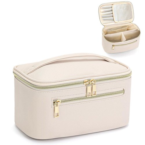 Travel Makeup Bag Organizer, Large Capacity Cosmetic Pouch for Women, Waterproof Make Up Bag with Divider, Clamshell Makeup Case Make Up Bag with Handle and Metal Zipper, Travel Essentials White