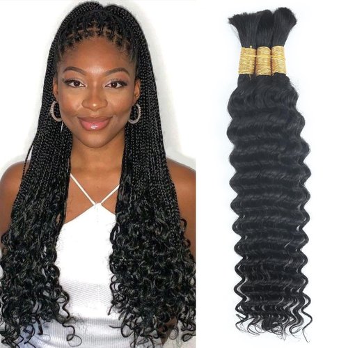 Human Braiding Hair for Boho Braids 110g 20 Inch 12A Curly Boho Hair for Braiding Knotless Deep Wave Bulk Wet and Wavy Bohemian No Weft 3 Bundles/Pack Natural Black