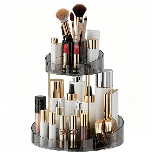 2 tier Makeup Organizer Countertop,360 Rotating Makeup Organizer for Skincare, Lipstick and Perfumes,Multi-function Cosmetic Display Cases for Vanity,Bathroom,Grey