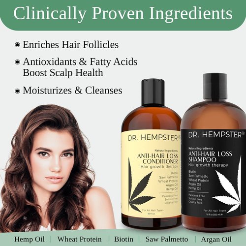 Hair Growth Shampoo and Conditioner Set for Thinning Hair and Hair Loss for Men and Women 17 oz - Hemp Oil, Biotin, Natural and Organic Ingredients - Hair Thickening and Volumizing