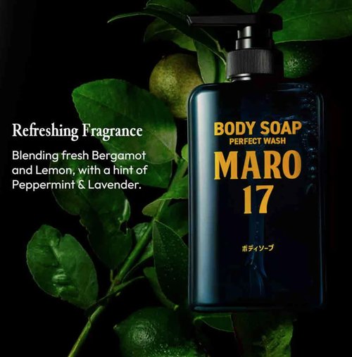 MARO17 Body Soap Perfect Wash - Mens Body Wash - Luxurious Shower Gel - Sulfate Free Body Wash for Men with Hyaluronic Acid & Collagen For Hydrating Deep Cleanse - Bergamot Fragrance - Gifts For Men