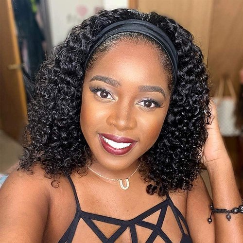 mengkai 12 Inch Headband Wig Human Hair Curly Headband Wigs for Women Brazilian Virgin Curly Human Hair Wigs Glueless Curly Wigs Natural Black