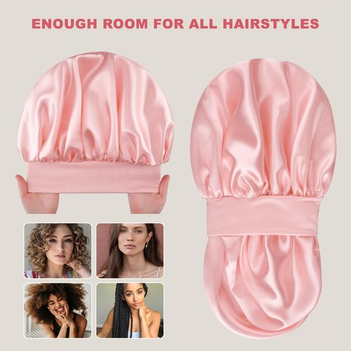 Silk Satin Bonnet for Sleeping Women，Double Layer Silk Satin Sleep Cap with Elastic Band for Natural Curly Hair(1PCS,Pink)
