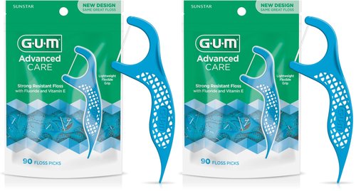 GUM Advanced Care Floss Picks - Dental Flossers for Adults with Vitamin E and Fluoride - Extra Strong Shred-Resistant Dental Floss, Easy Grip Handle, Fresh Mint Flavor, 90 ct (Pack of 2)