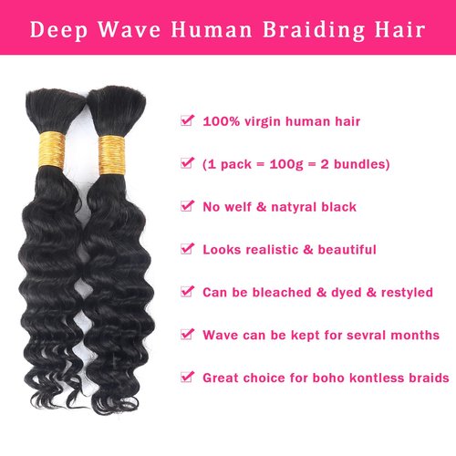 B-Fashion Human Braiding Hair for Boho Braids Deep Wave Bulk Human Hair for Braiding 22 Inch 2 Bundles 100G 100% Brazilian Wet and Wavy Curly Human Hair Braiding Hair Extensions No Weft Bundles