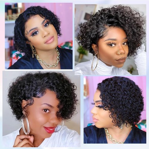 ZHENLISI Glueless Curly Bob Wigs Short Afro Kinky Curly Human Hair Wigs for Black Women Wear and Go Machine Made Side Part Afro Wig Wet and Wavy Human Hair Wig Natural Black