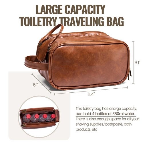 IUI Toiletry Bag for Men - Large Mens Travel Bag Toiletries Organizer- Shaving Bag for Toiletry Bathroom Water-resistant Hanging Dopp Kit PU Leather Cosmetic Bags for Traveling, Brown