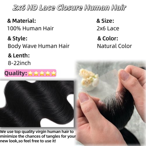 2x6 HD Lace Closure Body Wave Human Hair Transparent 2 by 6 HD Lace Closure 16Inch 100% Brazilian Virgin Unprocessed Middle Part Human Hair Kim K Closure With Baby Hair Natural Color