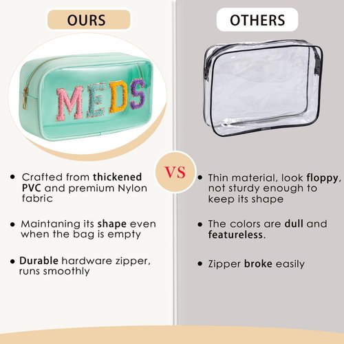 RSRSLEII 2Pcs Large Chenille Letter Clear Medicine Makeup Bag Set,Nylon PVC Waterproof Rx Meds Pouch with Metal Zipper, Cute Drug First Aid Travel Organizer for Women Girls(2pcs Mint)
