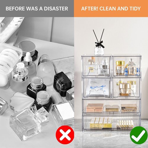 KOKOIN Stackable Makeup Organizer Storage Drawers Set of 6, Clear Plastic Organizer Bins for Beauty Supplies,Ideal for Vanity, Bathroom,Cabinet,Pantry Organization (2Long 4 Short)