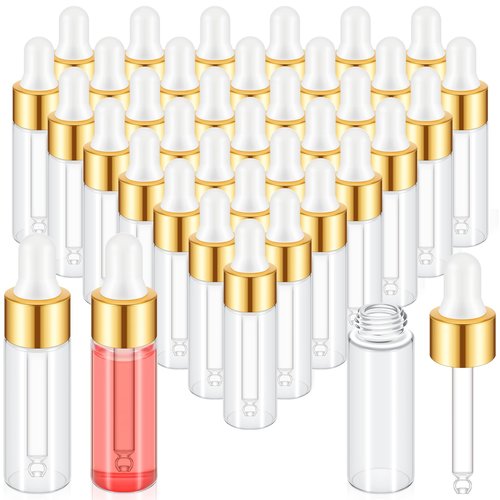 Didaey 200 Pcs Mini Glass Oil Dropper Bottle Bulk, Clear Essential Small Empty Bottles Sample Containers Perfume Liquid Vials with Cap for Traveling (5 ml,Gold)