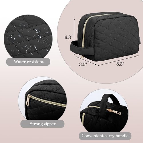 MAXTOP Black Quilted Makeup Bag Small Makeup Pouch for Women Travel Essentials Waterproof Travel Bag for Cosmetics Toiletries Accessories（Black）