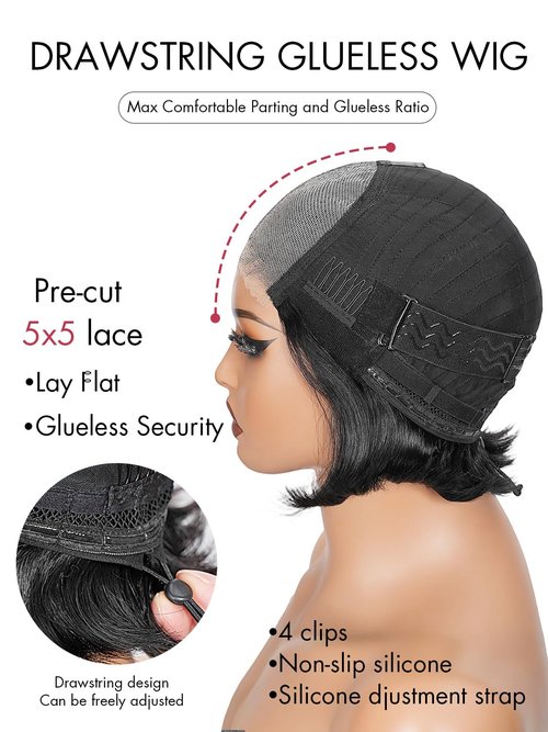 GPOP Short Bob Wig Human Hair Straight Glueless Wigs Human Hair Pre Plucked Pre Cut 250 Density 5x5 HD Lace Glueless Drawstring Pixie Cut wigs for Women Natural Color