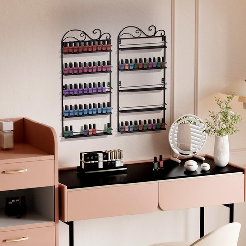 ERYTLLY Wall Mounted Nail Polish Rack, Rectangle Nail Storage Organizer, Salon Shelf Organizer (Black)