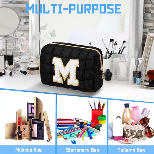 Initial Checkered Makeup Bag, Large Quilted Cosmetic Bag, Cute Make up Pouch for Purse, Travel Toiletry Storage Bag for Women Preppy Teen Girls Gift Trendy Stuff Gift (Black A)