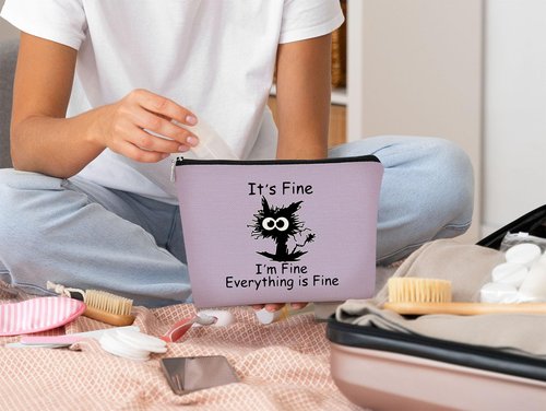 Funny Cute Cat Makeup Bag,Cat Lover Gifts For Women,Its Fine Im Fine Everythings Fine,Black Cat Cosmetic Bag Small Pouch,Birthday Gift,Coworker Gifts(Purple)