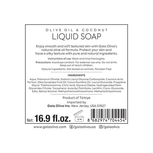 GAIA Oliva Olive Oil Hand Soap Liquid – Luxury Moisturizing Liquid Hand Soap for Bathroom & Kitchen, Natural Ingredietns for Dry, Cracked Hands with Coconut Scent – 16.9 FL OZ Bottle (Pack of 2)
