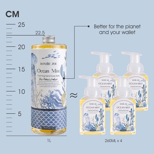 ROMIIE ZOI Hand Soap Refills, Foaming Hand Soap Natural Plant Moisturizing Handsoap Fragrance Ocean Mist - Soft Hand Wash for Kitchen & Bathroom - with Foam Soap Dispenser 1L/33.8oz Pack 0f 3