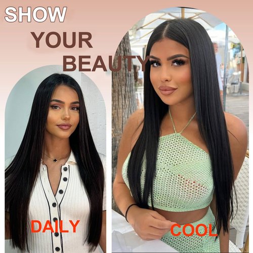 TAGUO Synthetic Lace Front Wig 7x5 Glueless Wig HD Lace Front Wig for Women Pre-Plucked Ready to Wear Wigs Beginner Friendly Natural Black 26inch