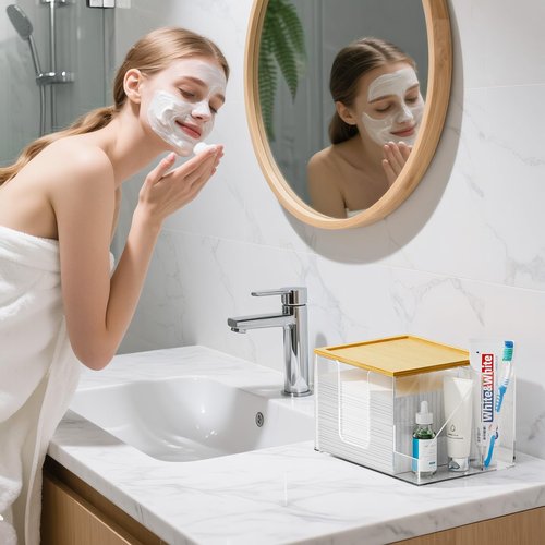 VITVITI Disposable Face Towel Holder Box, Acrylic Clean Skin Club Facial Towel Container with Toothbrush Holders, Large Disposable Face Towels Storage for Bathroom Vanity Makeup, Clear