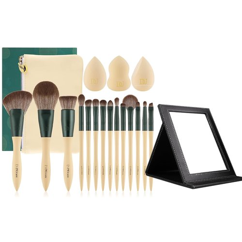DUcare Makeup Brushes 14Pcs with 3Pcs Makeup Spong & Cosmetic Bag& Folding Vanity Mirror with Stand