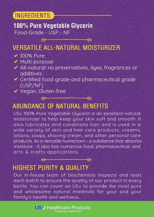 US+ 100% Pure Vegetable Glycerin - Pharmaceutical & Food Grade (USP) - Premium Quality All-Natural Moisturizer & Cleanser - For skin, hair, soaps & more (1 Gallon)