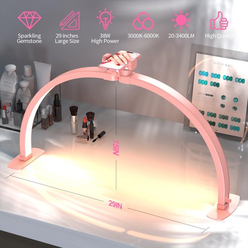 SLYFTE Professional Large Half Moon Light for Nail Desk with Phone Holder, Arch Light for Nail Techs for Manicure Table (Pink, Large)